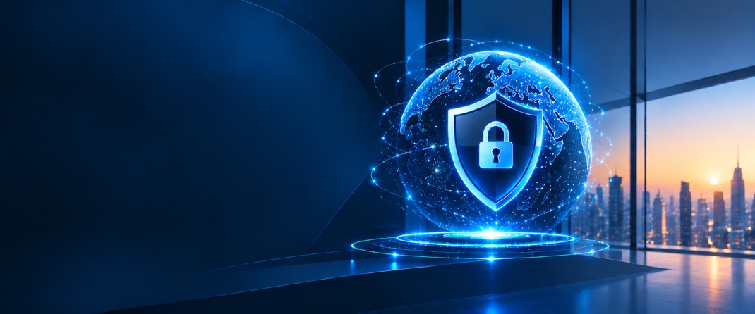 Digital globe protected by a cybersecurity shield in a modern business environment